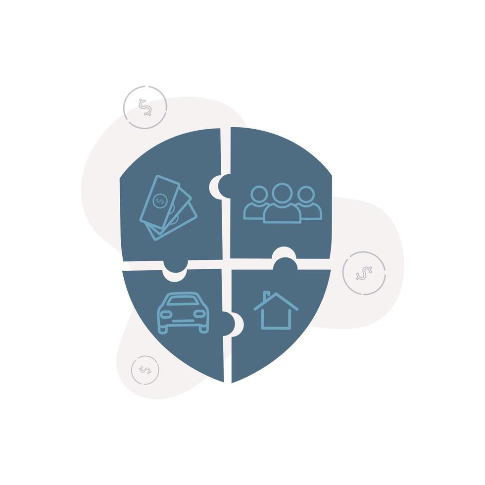 Insurance. Illustration of the guard icon from the puzzles, on each of which there are dollar bills, a car, a house, people silhouettes, dollar signs on the background vector