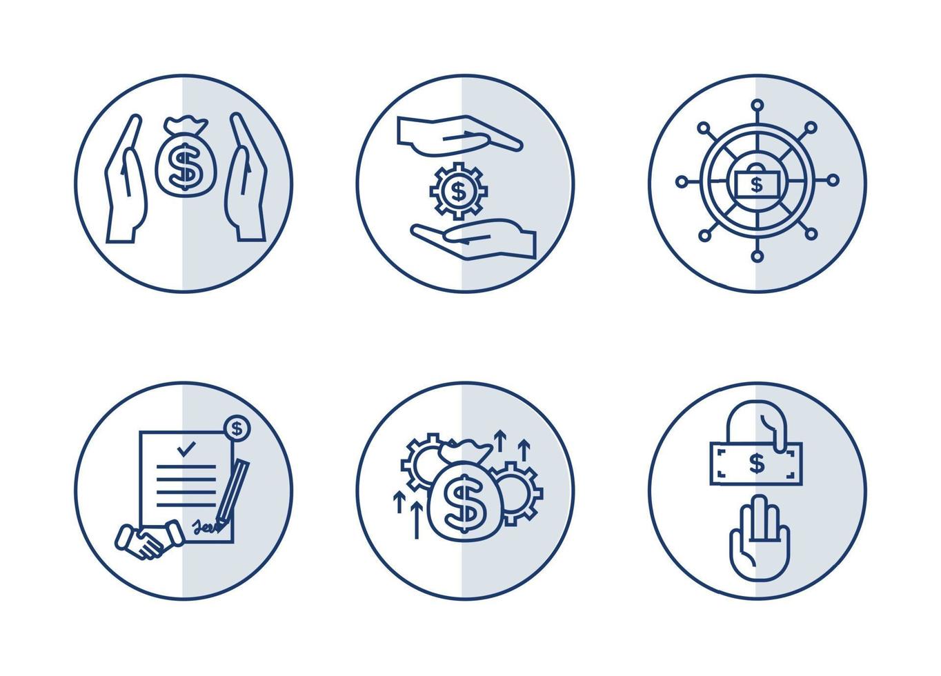 Financial services icons set. Icons asset management, wealth management, insurance, venture capital. Icons gear with a dollar between the palms, a steering wheel with a briefcase and a dollar vector