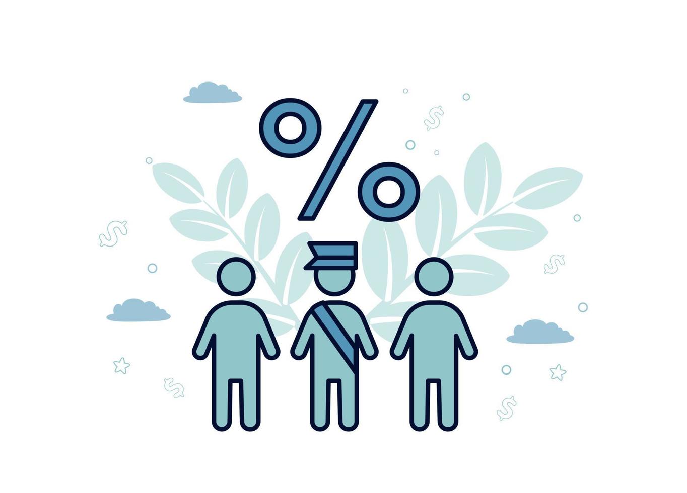 Finance illustration. Brokerage services. Customs Broker. Three silhouettes of a man, one in the form, percentage above them, against the background of a branch with leaves, clouds, dollar sign, star vector