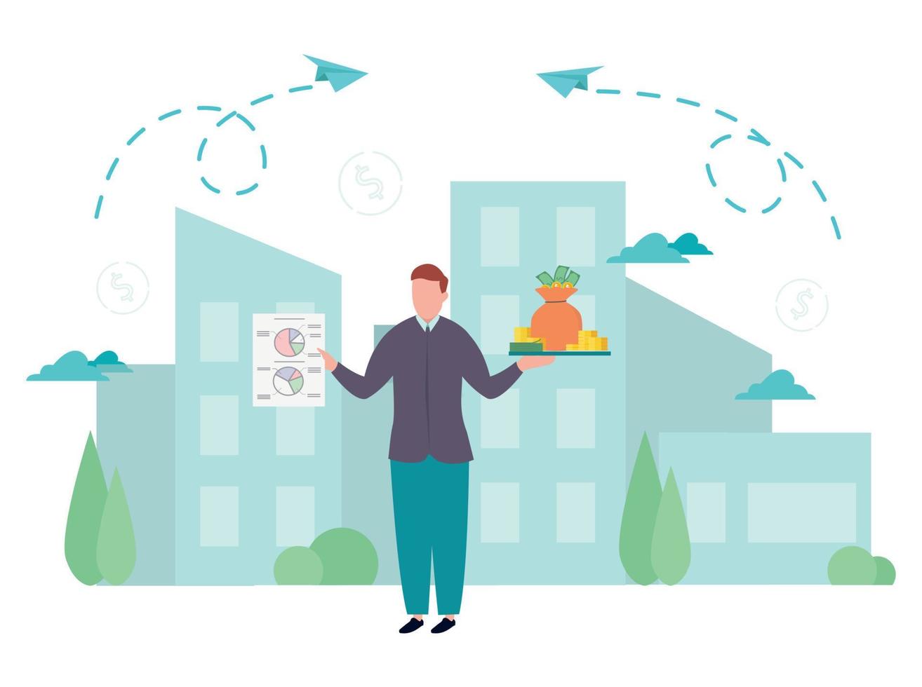 Financial management. Against the background of office buildings, a man in one hand holds a money bag, coins, bills on a tray, in the other hand holds a document with a diagram. Vector illustration.