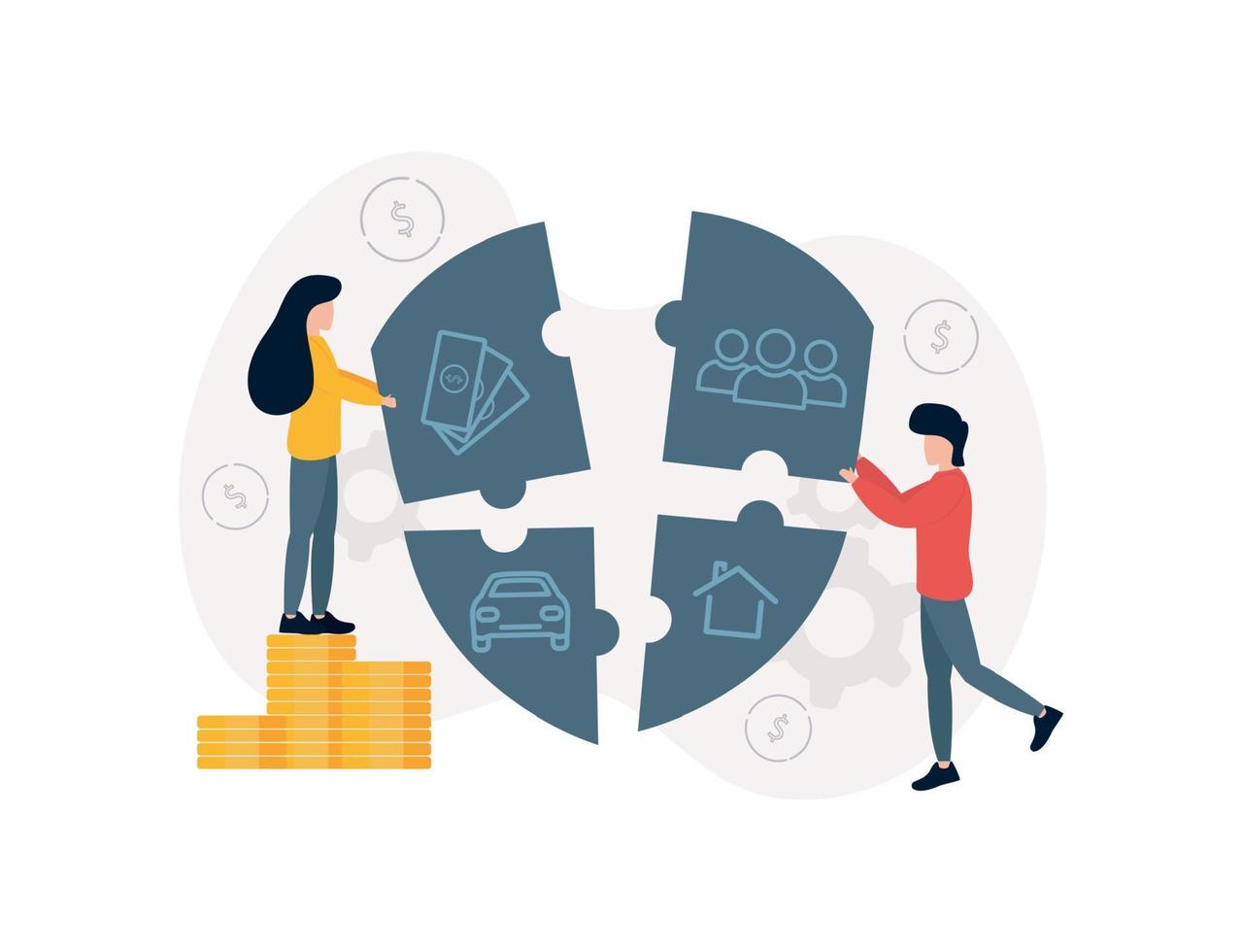 Insurance. Illustration of a woman on a stack of coins and a man stacking a guard icon out of a puzzle, on each of which banknotes, machine, house, man silhouette vector