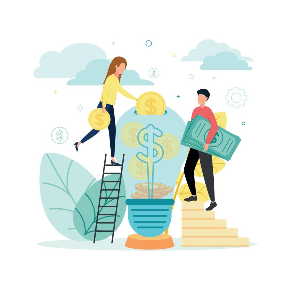 Finance. Vector illustration of venture capital. A woman on the stairs throws coins into a light bulb with a dollar sign, a man on the steps holds bills, against the background of a plant, clouds