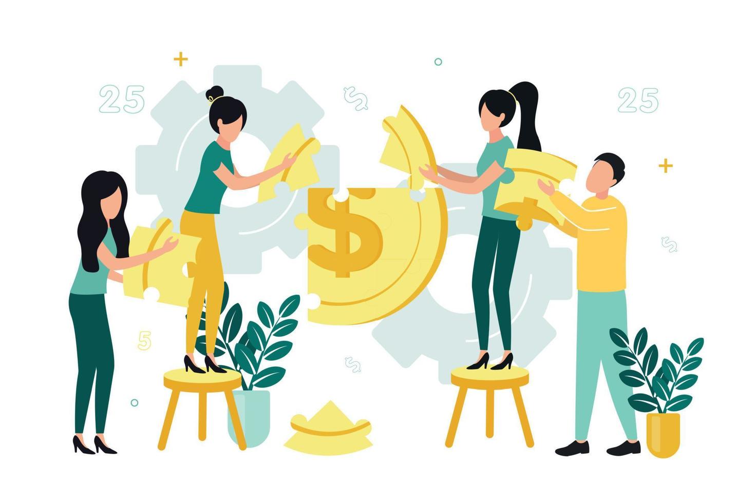 Finance. Vector illustration of financial management. A man and women standing on a stool fold a dollar coin from parts, against the background of a gear, a plant