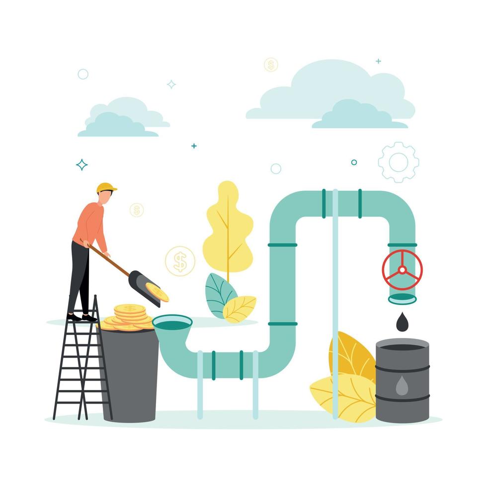 Finance. Vector illustration of resource financing. A man, standing on the stairs, throws coins with a shovel into the pipeline, from which a drop of oil falls into the barrel