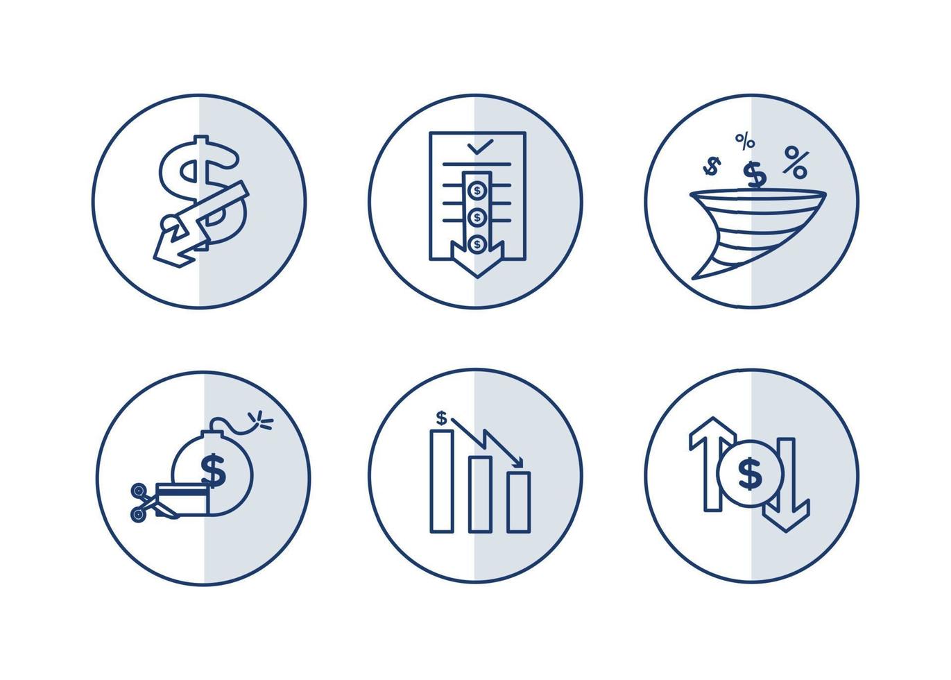 Finance icons set. Vector illustration of devaluation, default. The dollar icon on which the down arrow. Dollar icon in a round frame, on the sides of which there are up and down arrows.