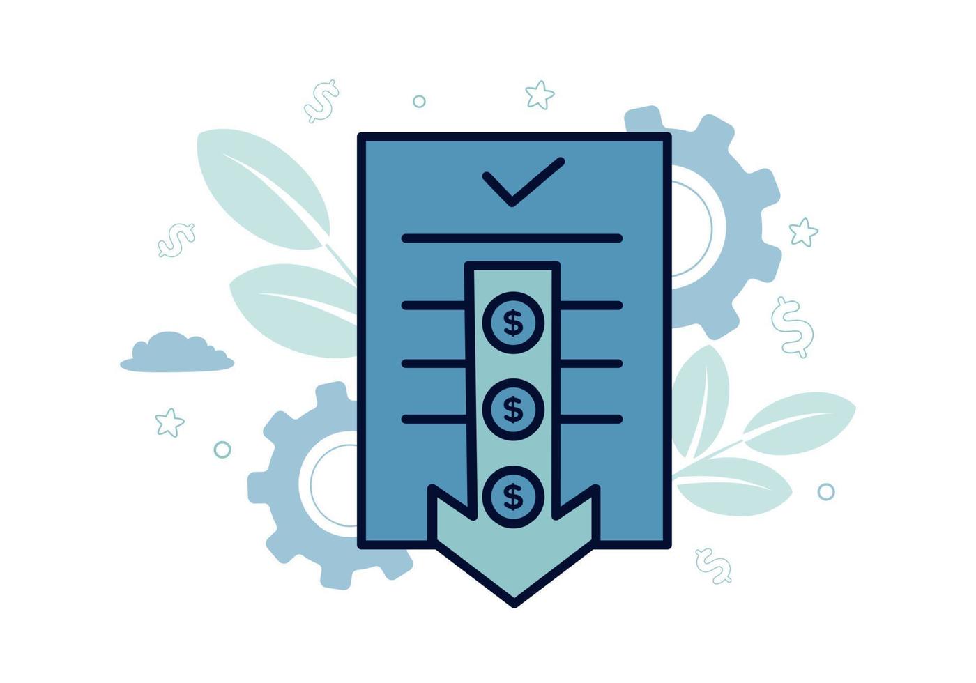 Finance. Vector illustration of default. A document icon on which a down arrow, on it a dollar coin, on the background of gears, plants, leaves, clouds, stars