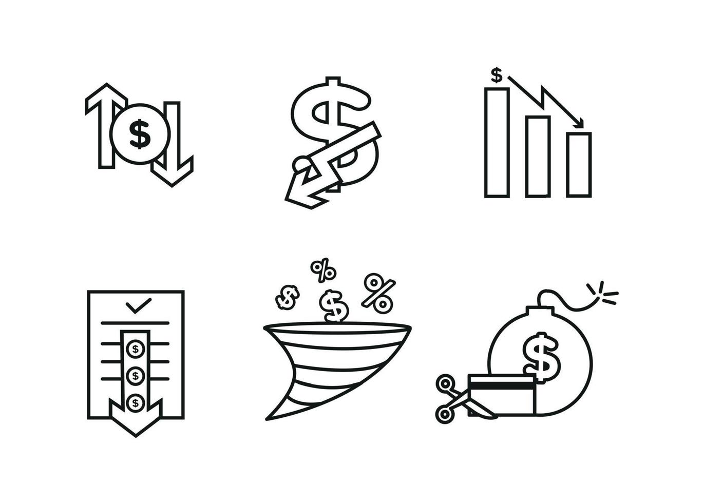 Finance icons set. Vector illustration of devaluation, default. The dollar icon on which the down arrow. Dollar icon in a round frame, on the sides of which there are up and down arrows.