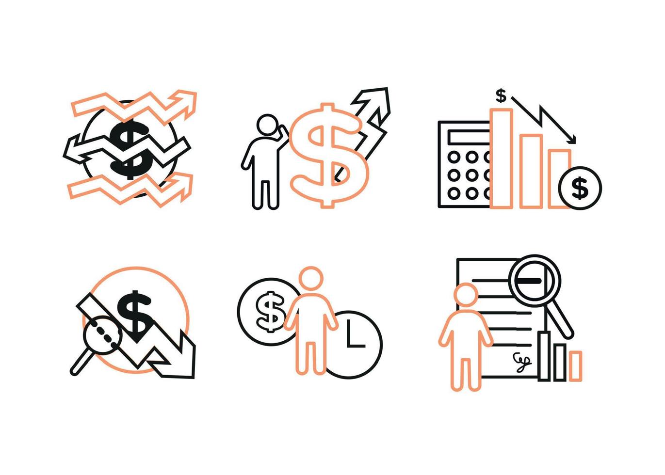 Finance icons set. Vector illustration of financial management, econometrics. A dollar sign, next to which is the silhouette of a man, followed by an up arrow.