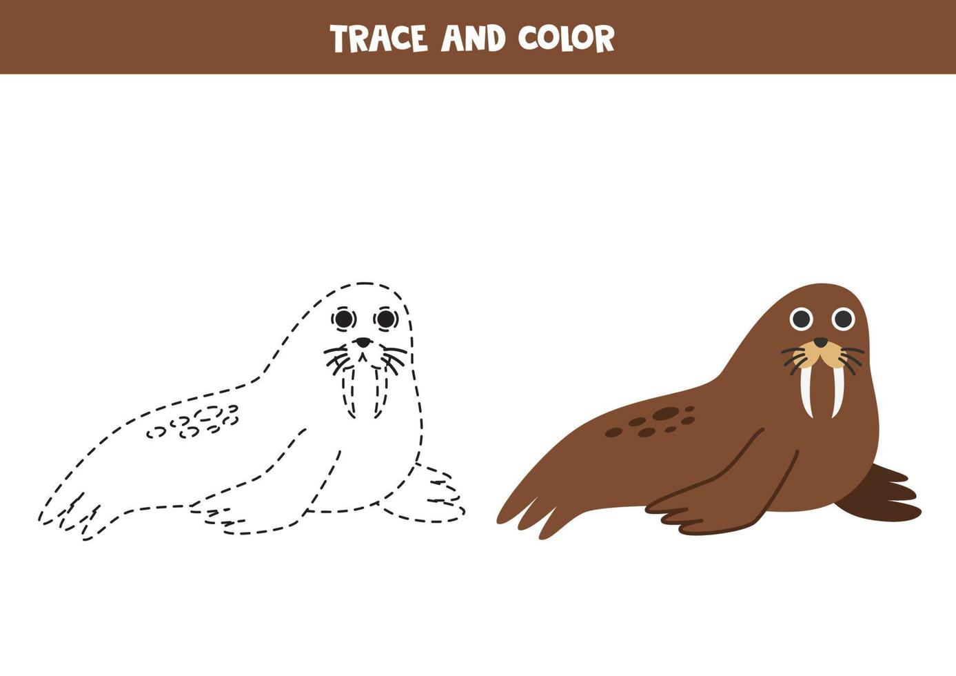 Trace and color cartoon cute cartoon walrus. Worksheet for children. vector