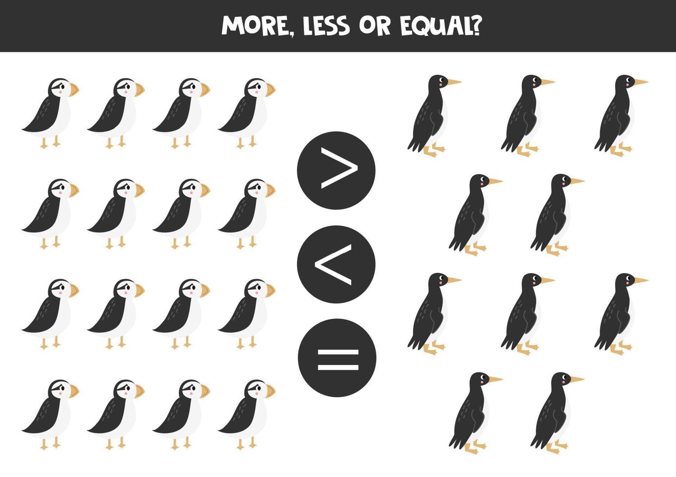 More, less or equal with cartoon cute arctic birds. vector