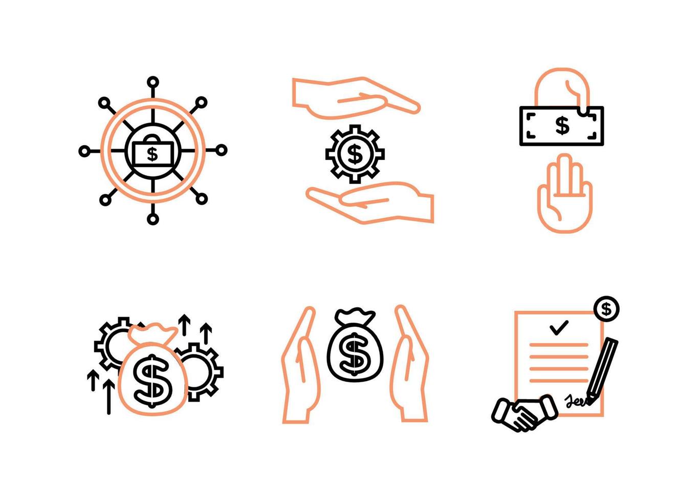 Financial services icons set. Icons asset management, wealth management, insurance, venture capital. Icons gear with a dollar between the palms, a steering wheel with a briefcase and a dollar vector