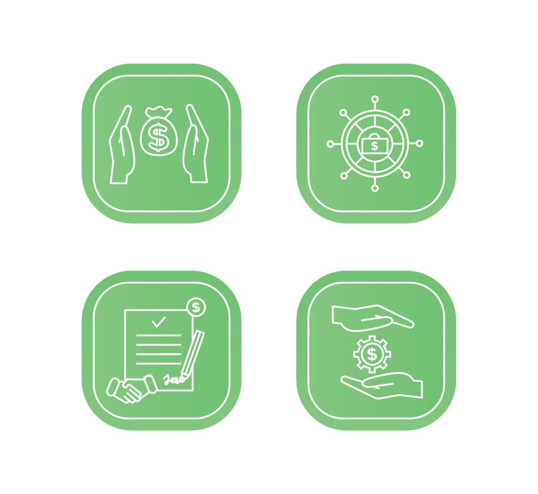 Financial services icons set. Icons venture capital, asset management, wealth management. Icons gear with a dollar between the palms, a handshake, a pencil, a coin on a document vector