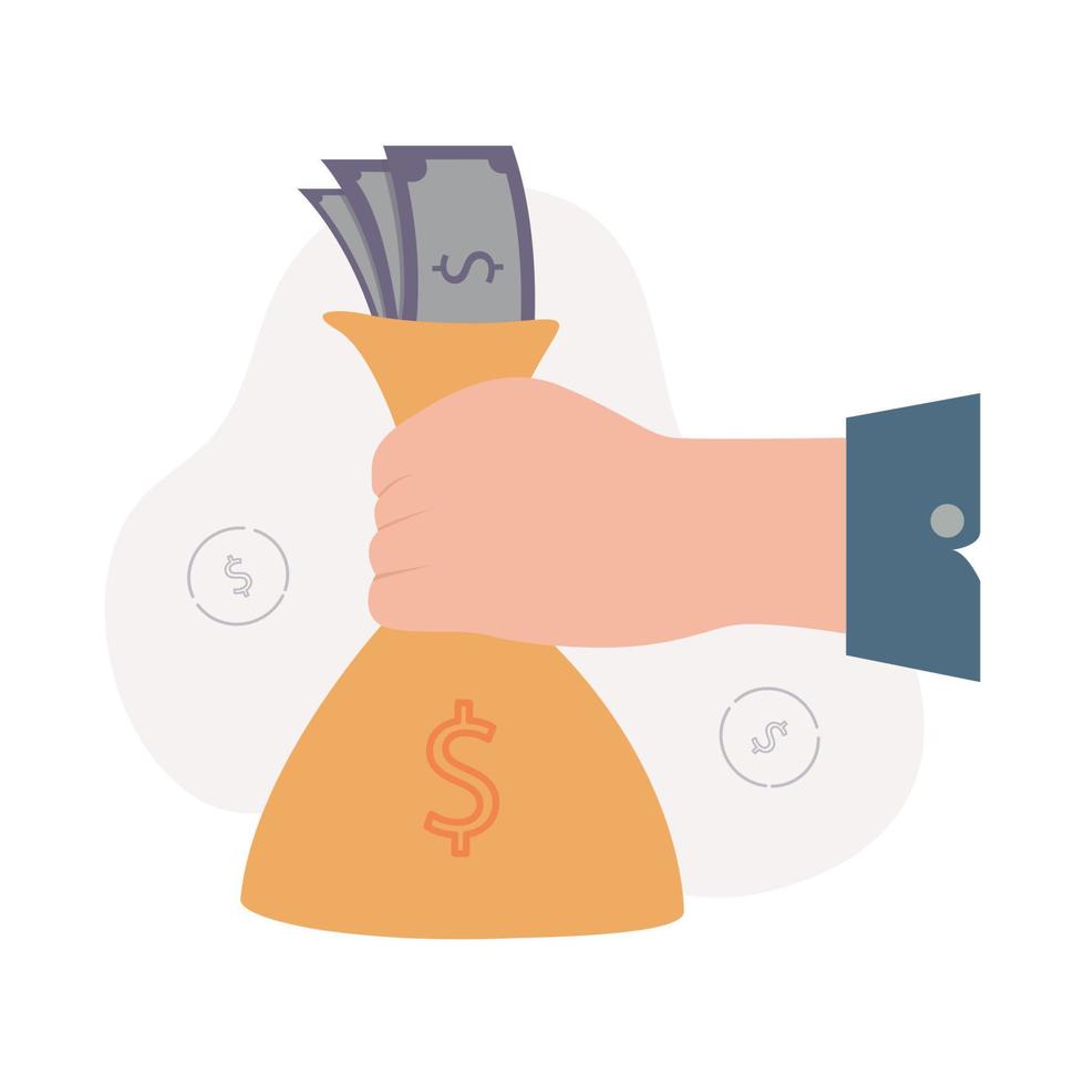 Illustration of a hand holding a money bag with dollar bills, on the background of dollar signs vector