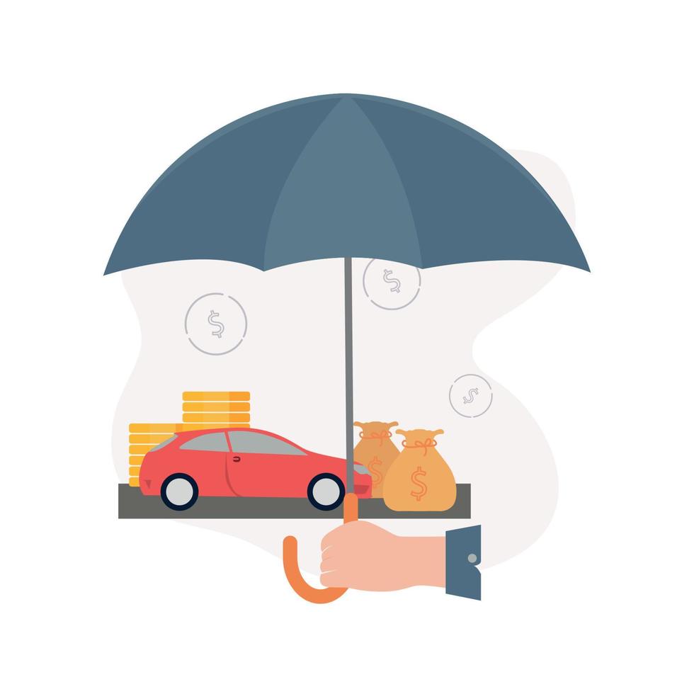 Insurance. Illustration of a hand holds an umbrella under which a machine, stacks of coins, a money bag, on the background of dollar signs vector