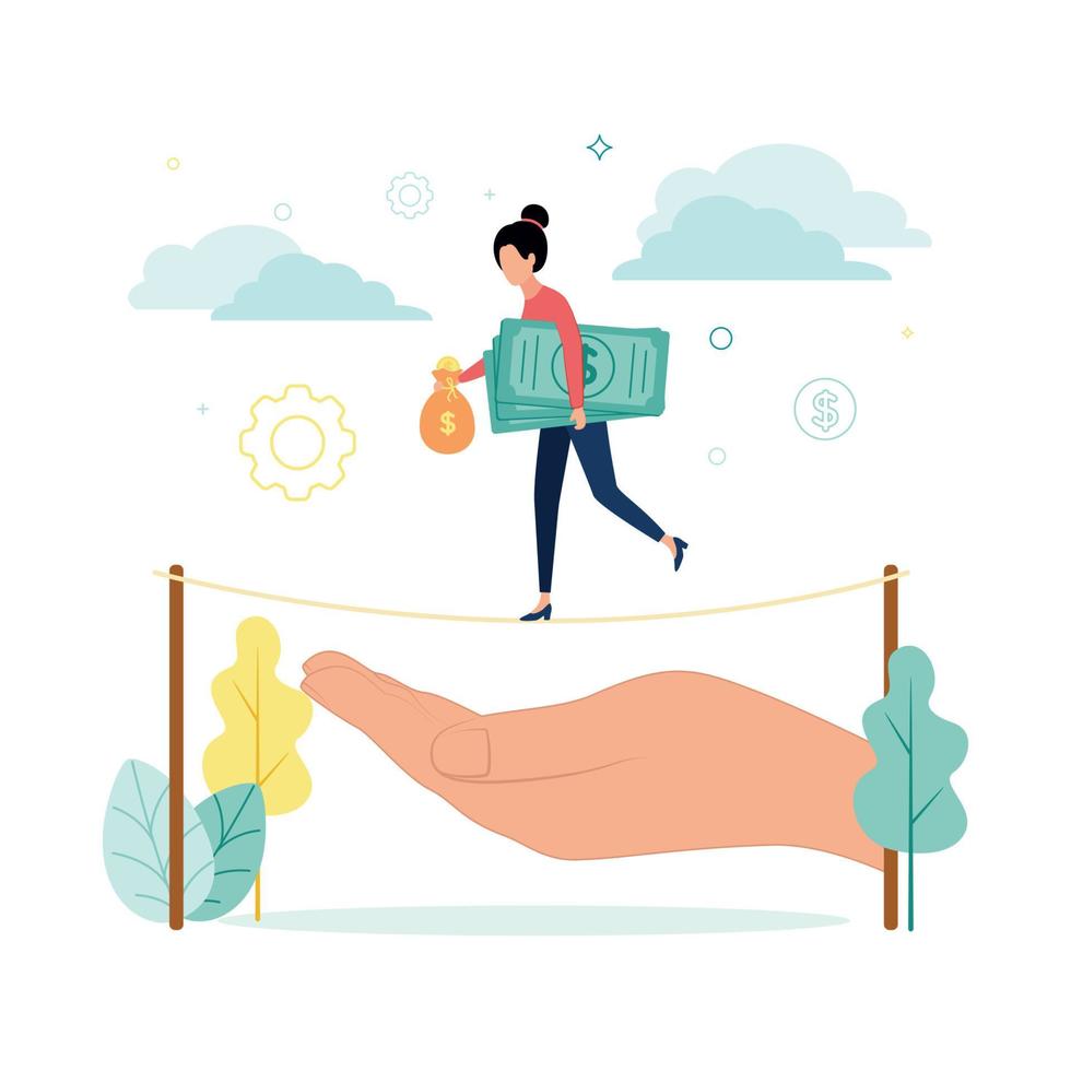 Finance. Vector illustration insurance. A woman with a money bag and bills in her hands walks along a tightrope, under which a palm, against the background of a gear, a dollar, clouds, plants