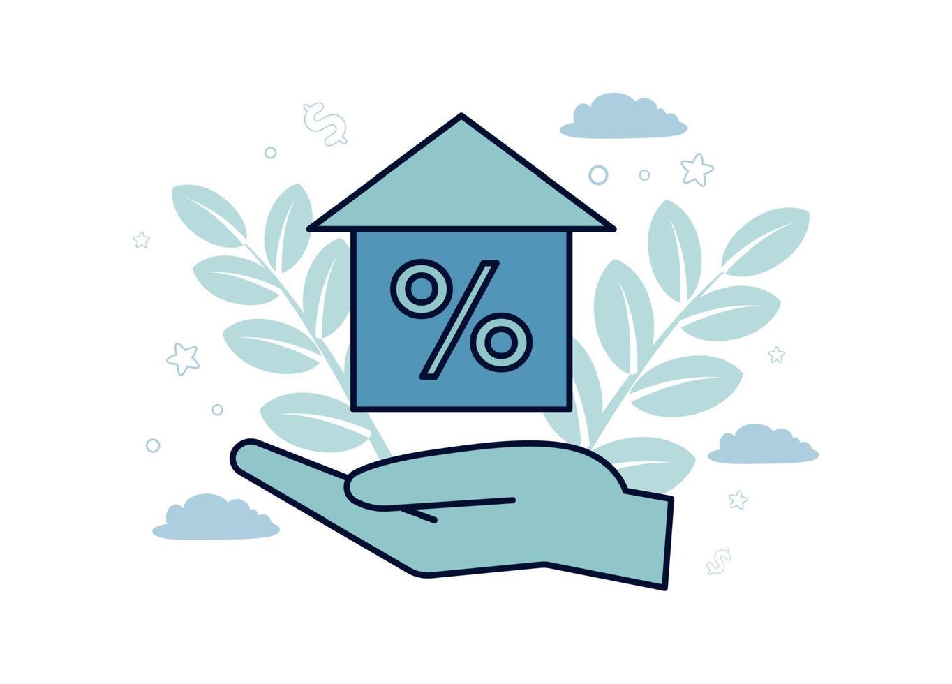 Finance illustration. Mortgage. On the palm of the house with a percentage, against the background of branches with leaves, clouds, stars, the dollar icon vector