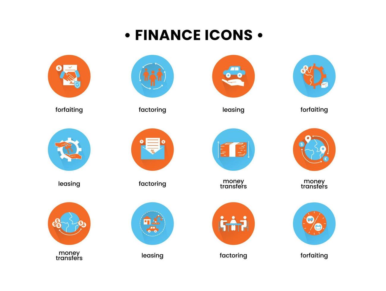 vector Finanzas ilustración. forfaiting íconos colocar, arrendamiento, factorización, dinero transferencias