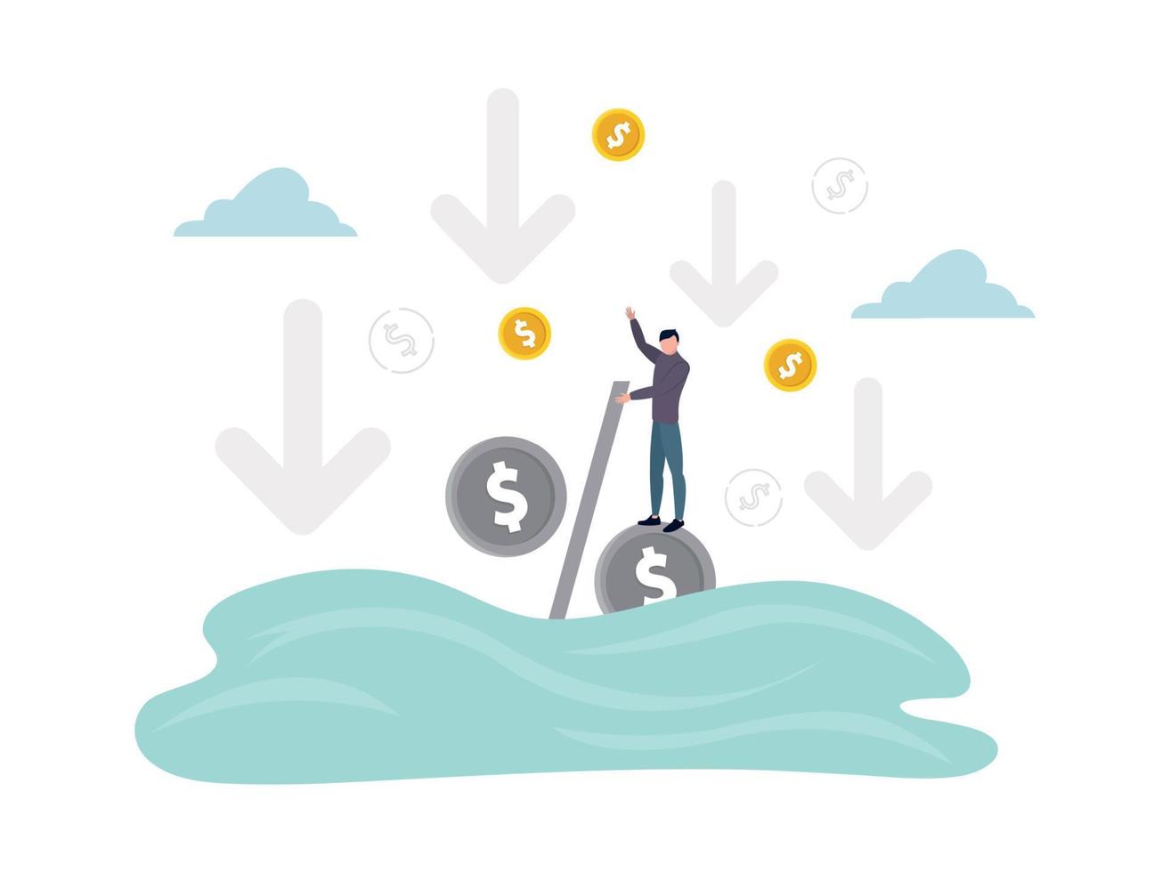 Default. A person stands on a percentage drowning in water, one hand is raised up, coins are instead of percentage circles, against the background of a down arrow. Vector illustration.