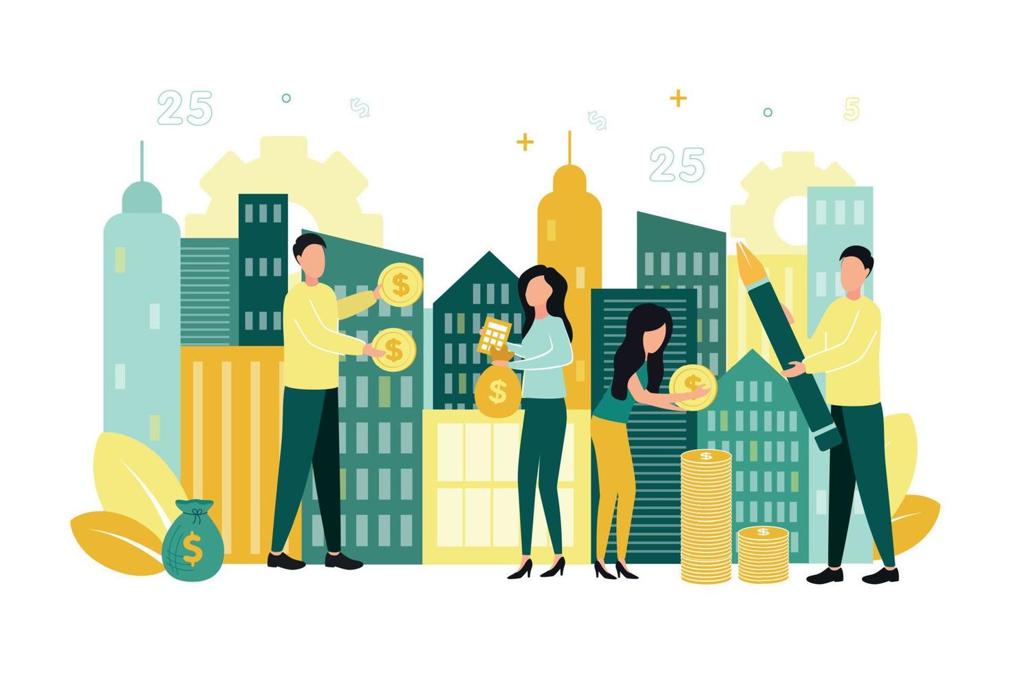 Finance. Vector illustration of financial management. Men with coins and a pen in their hands, women with a coin, calculator and money bag in their hands, against the background of city buildings