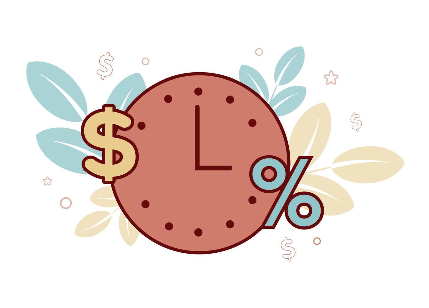 Finance. Financial services. Lending. Illustration of a clock with a dial, a dollar sign on the sides, a percentage, on a background a branch with leaves, stars, dollars vector