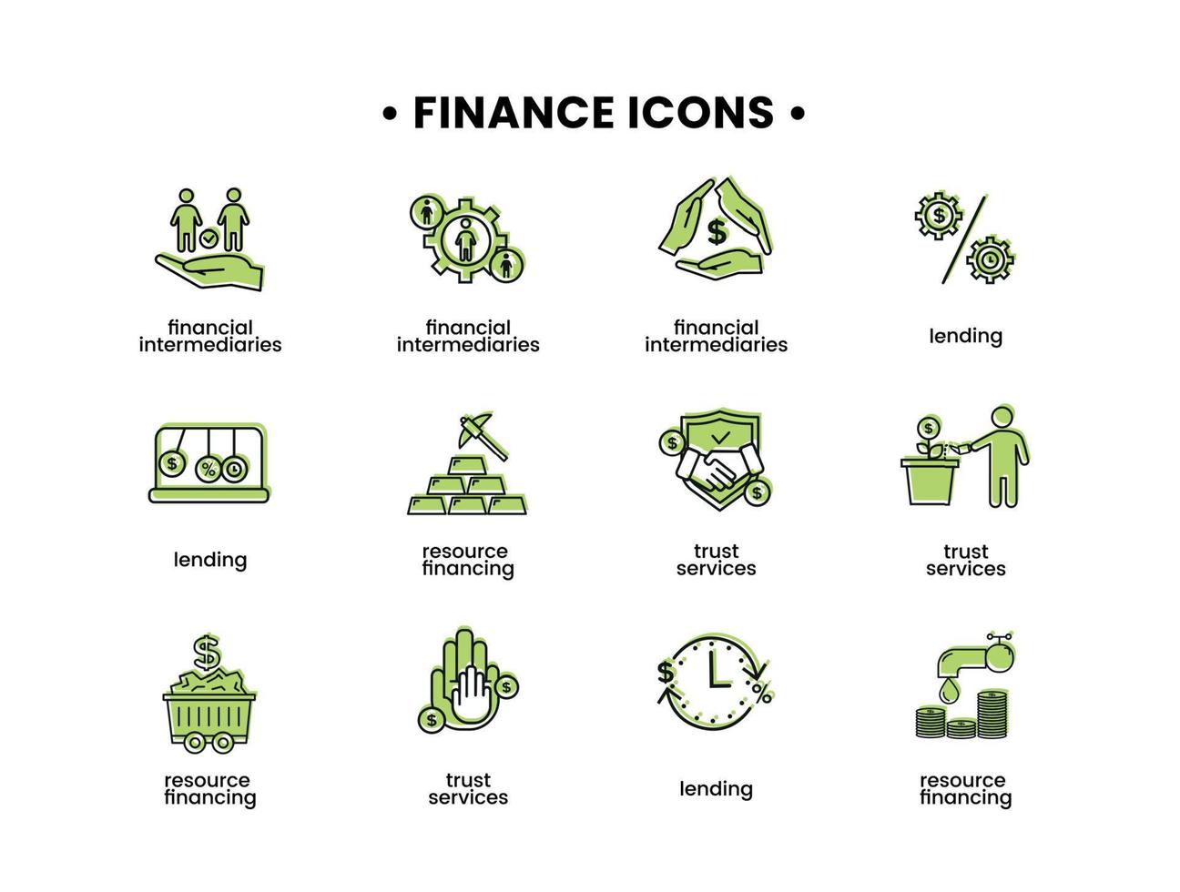 Finanzas íconos colocar. vector ilustración de financiero intermediario iconos, recurso financiación, confiar servicios, préstamo.