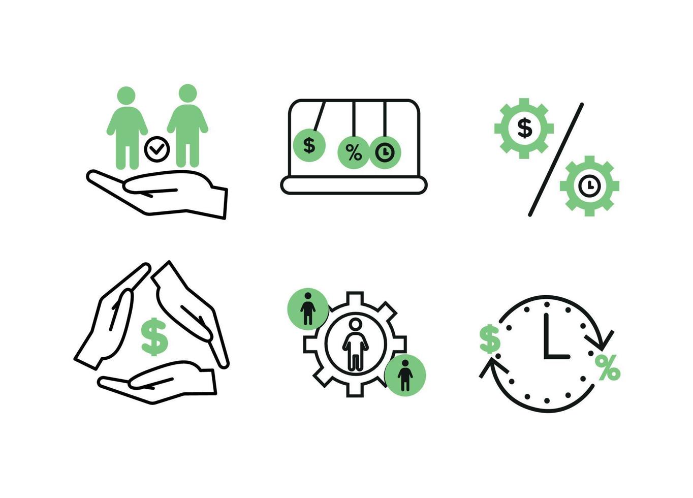 Finance icons. Financial services icons set. Icons lending, financial intermediaries. Gear sign, inside silhouette, on the sides silhouettes in circles vector