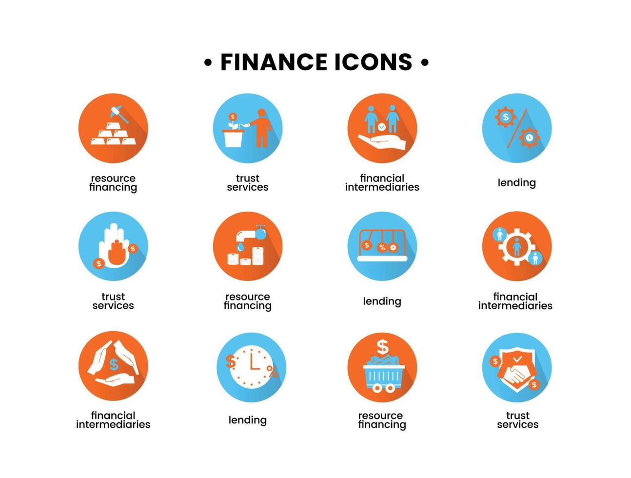 Finance icons set. Vector illustration of financial intermediary icons, resource financing, trust services, lending.