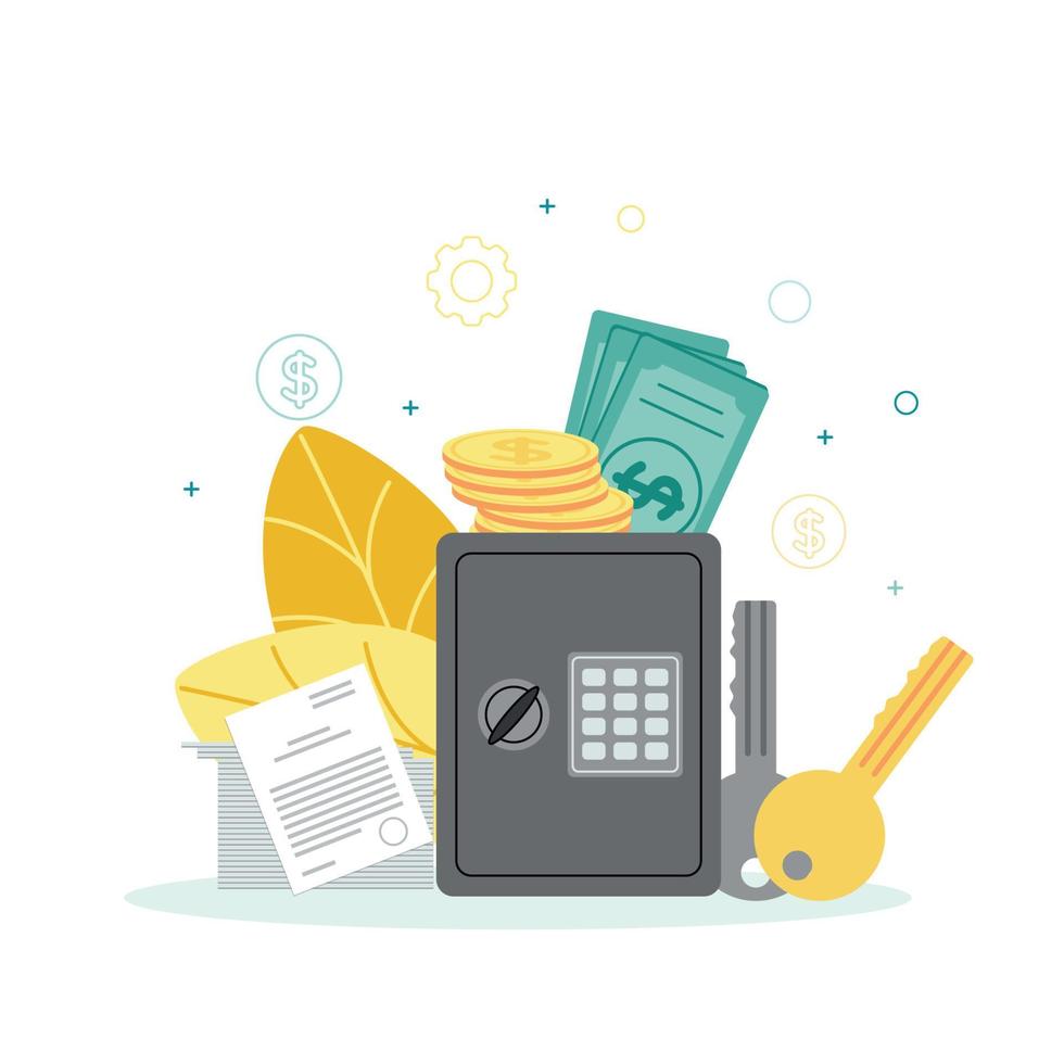 Vector illustration of a safe, document, keys, coins, bills, on a background of leaves, dollar sign, gear