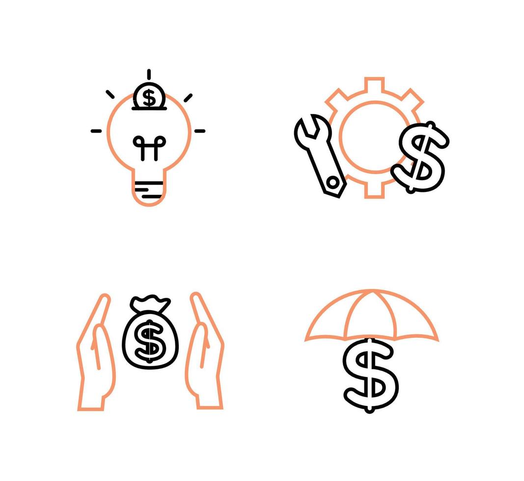Financial services icons set. Icons insurance, venture capital, asset management. Icons light bulb with a coin, gear with a mechanical key and a dollar sign, umbrella and dollar on the handle vector
