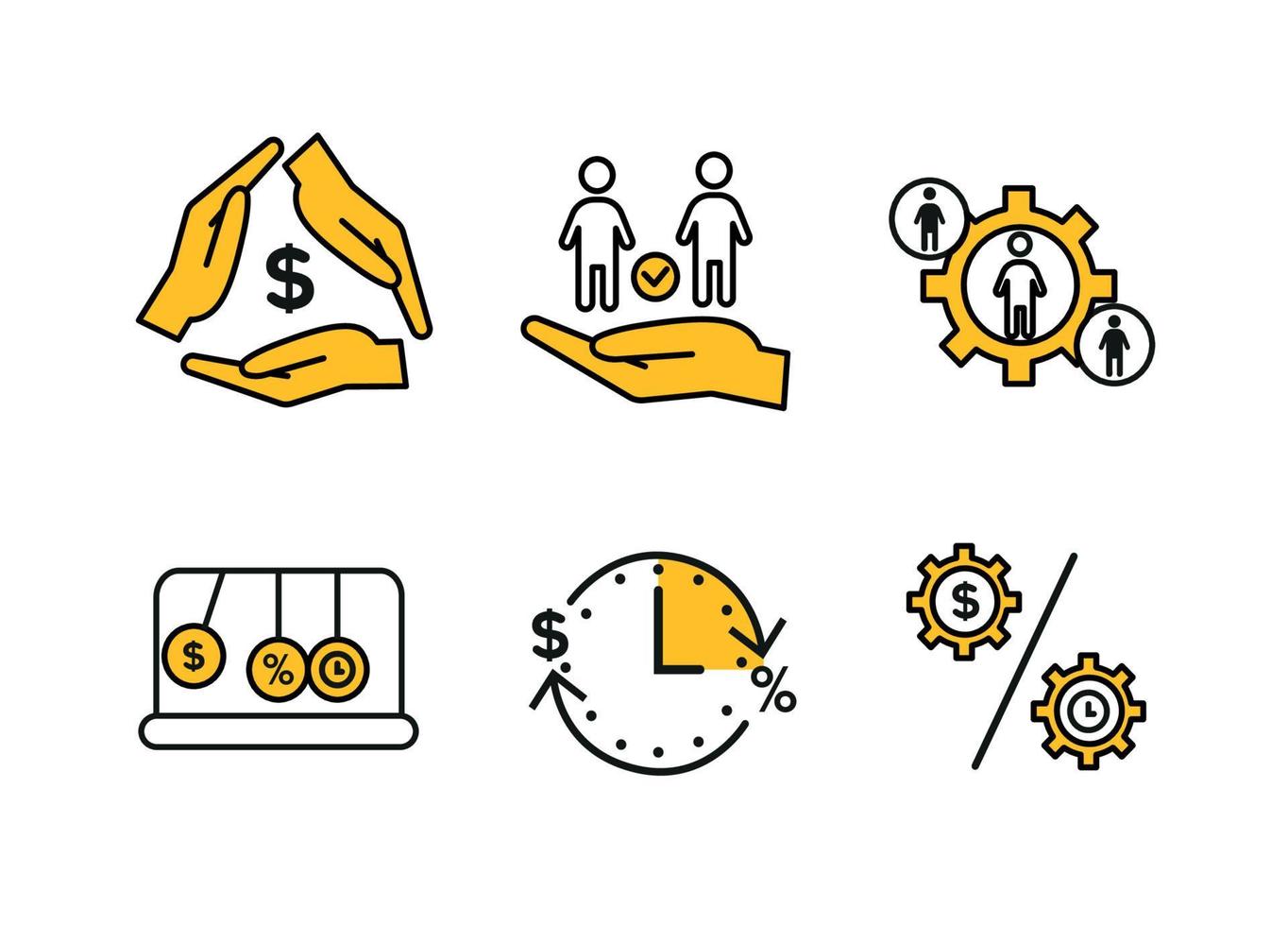 Finance icons. Financial services icons set. Icons lending, financial intermediaries. Gear sign, inside silhouette, on the sides silhouettes in circles vector