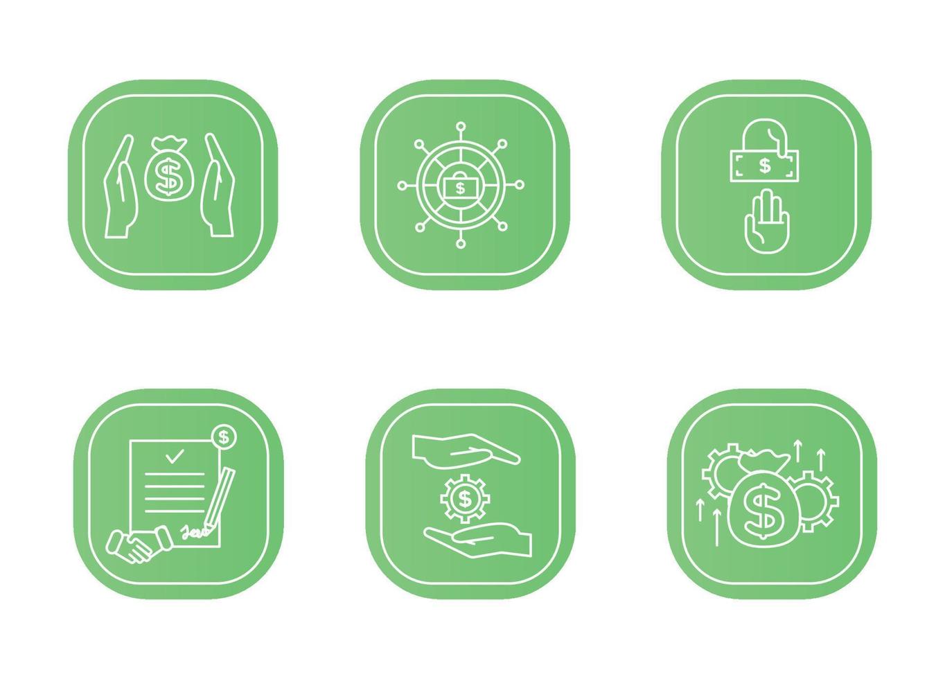 Financial services icons set. Icons asset management, wealth management, insurance, venture capital. Icons gear with a dollar between the palms, a steering wheel with a briefcase and a dollar vector