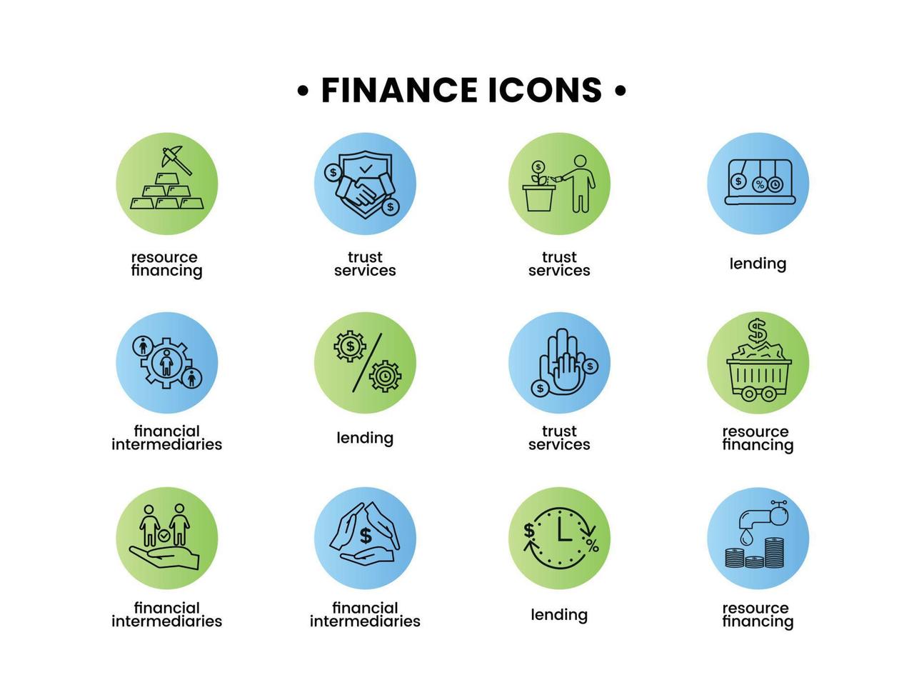 Finanzas íconos colocar. vector ilustración de financiero intermediario iconos, recurso financiación, confiar servicios, préstamo.