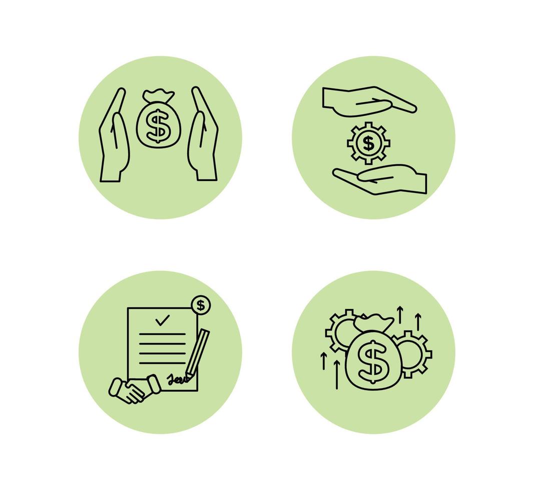 Financial services icons set. Icons venture capital, asset management, wealth management. Icons gear with a dollar between the palms, a handshake, a pencil, a coin on a document vector