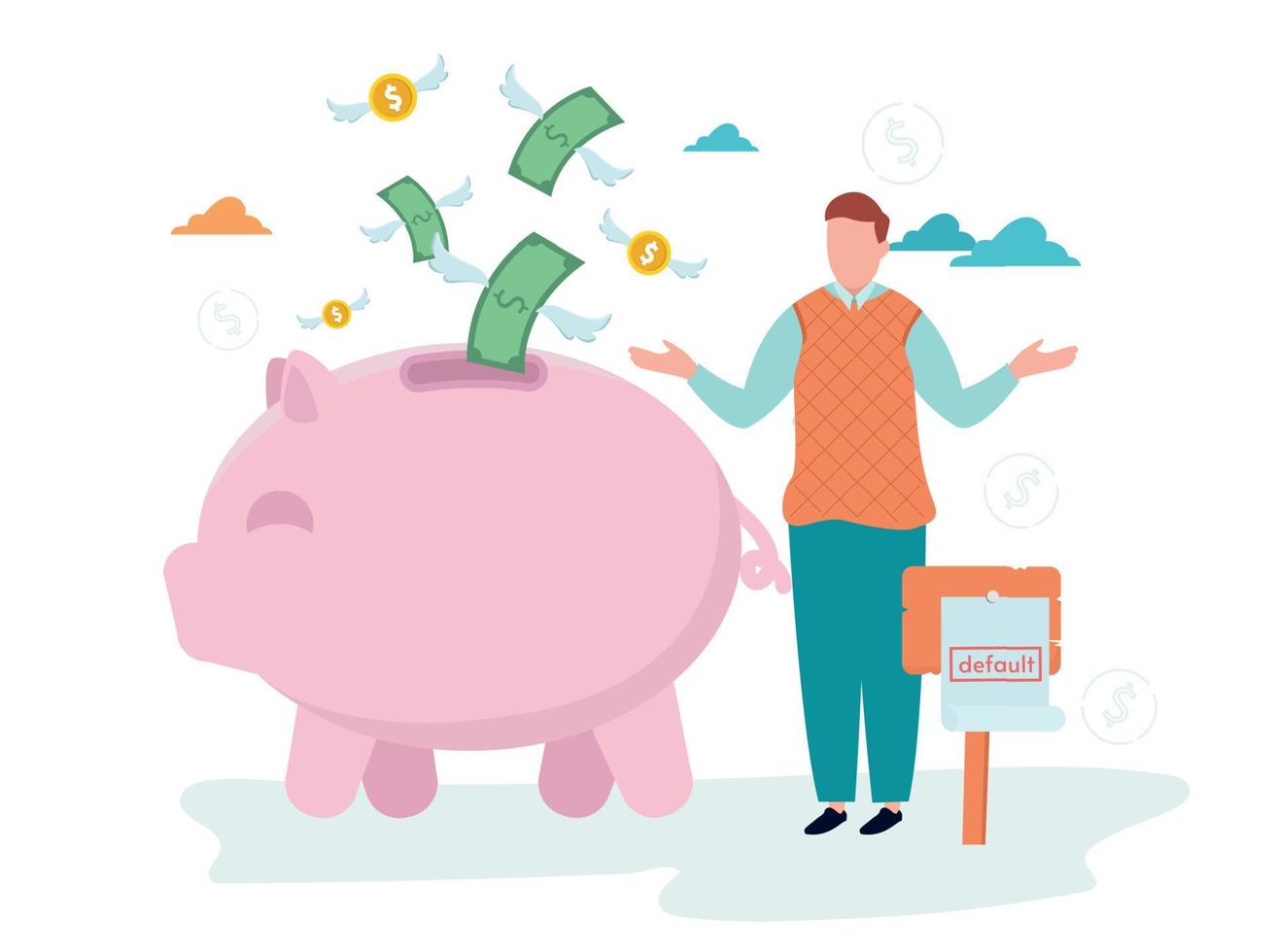 Default. The man makes a helpless gesture. Bills with wings fly out of the piggy bank. Vector illustration.