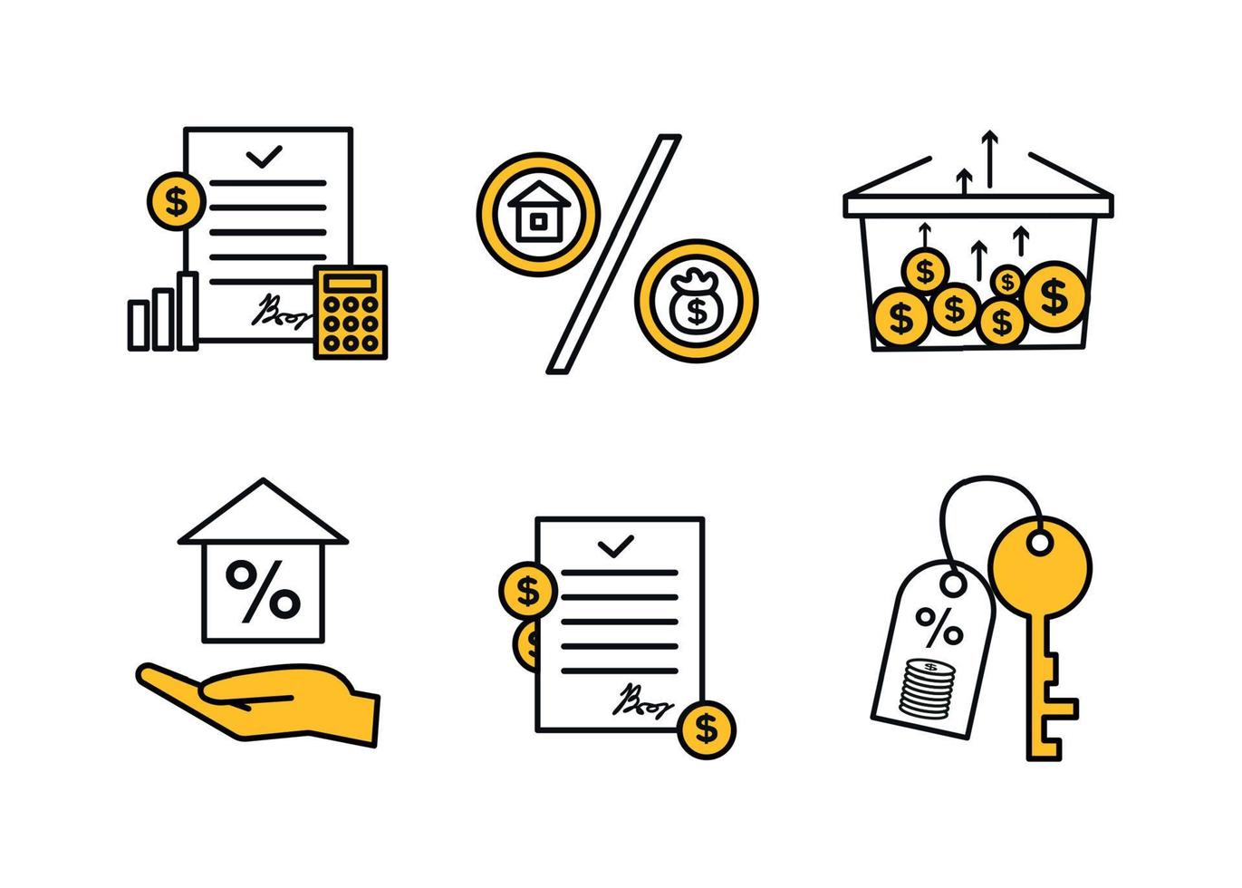 Finance icons. Financial services icons set. Mortgage, financial exchange icons. In the palm of your hand is a house with a percentage, a key with a keychain, on which coins and a percentage vector