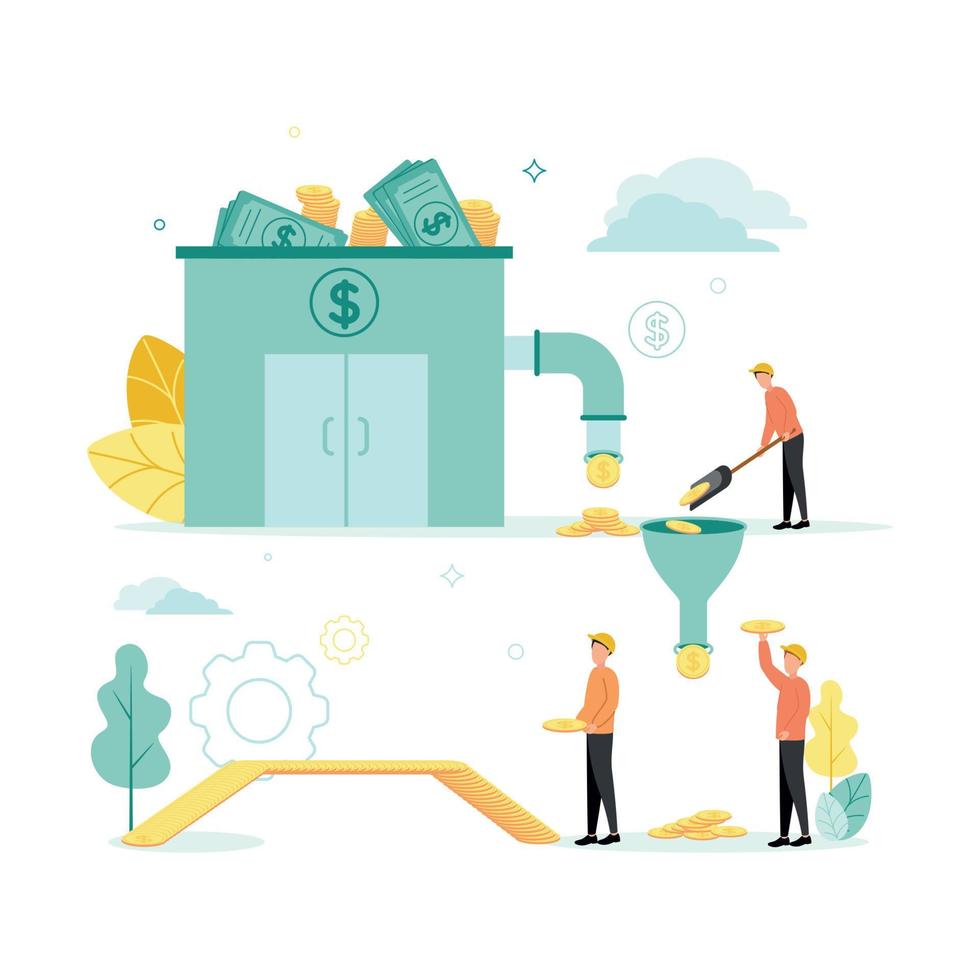 Finance. Vector illustration of lending. From the bank with banknotes, coins come through the pipeline, which the builders put with a shovel into the funnel from which the worker is taken and built