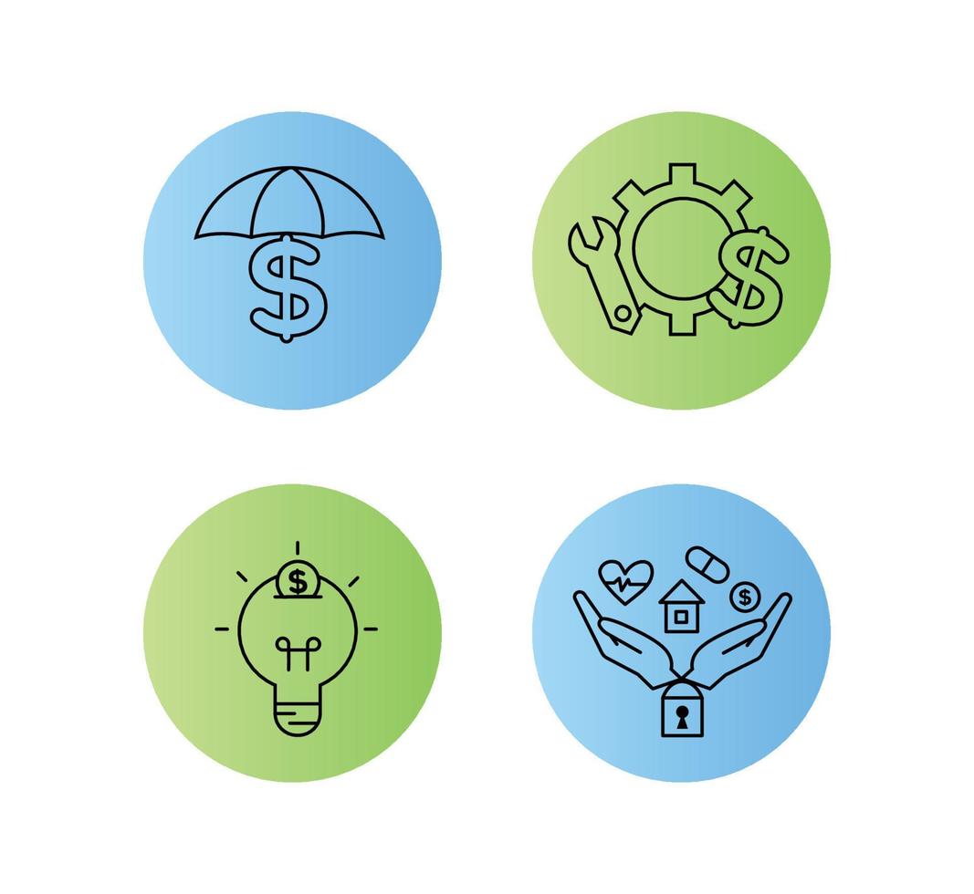 Financial services icons set. Icons insurance, venture capital, asset management. Icons light bulb with a coin, gear with a mechanical key and a dollar sign, palm with a lock vector