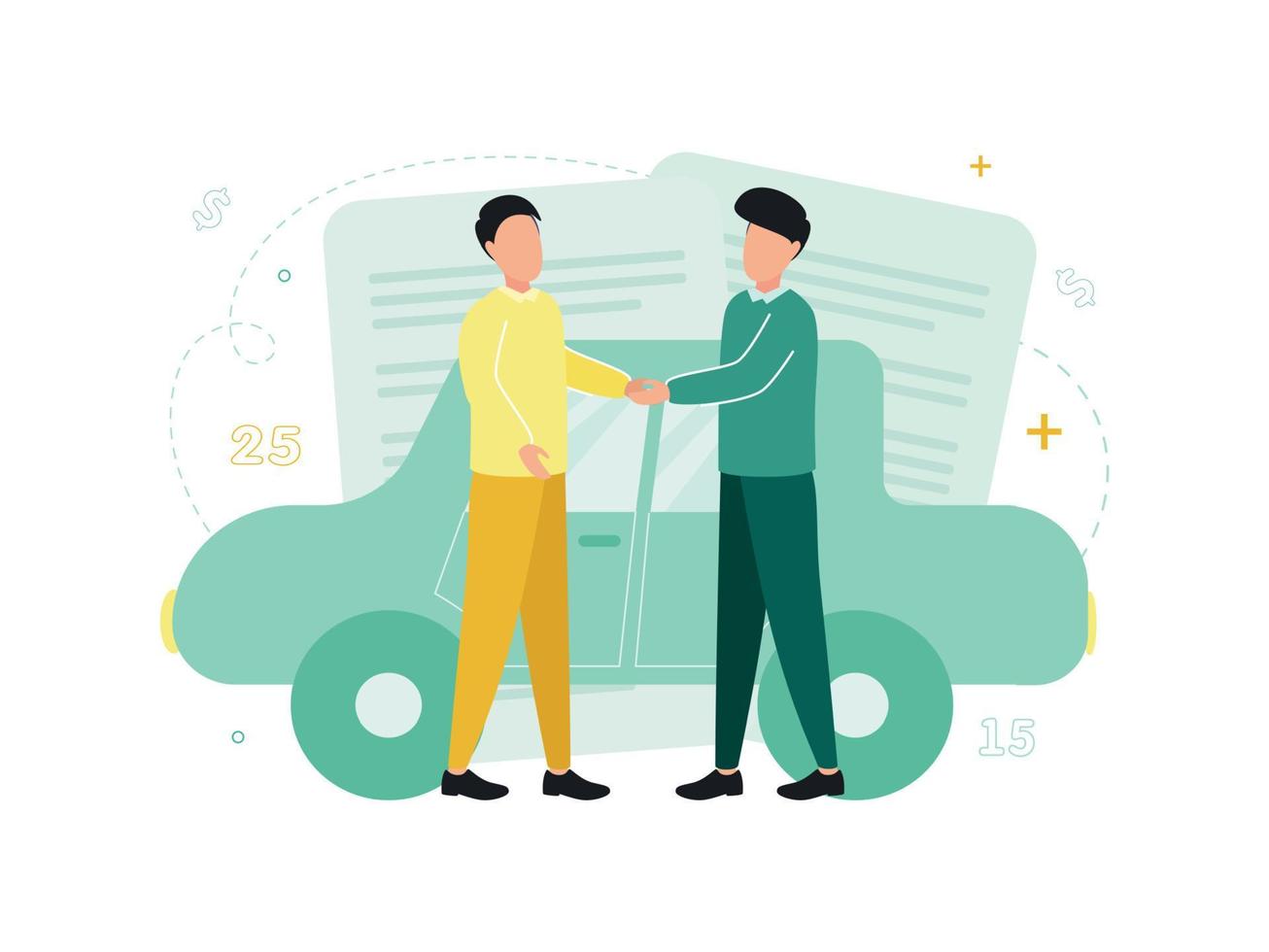 Finance. Leasing. Men shake hands near the car and documents, against the background of figures, numbers, dollar sign. Second illustration vector