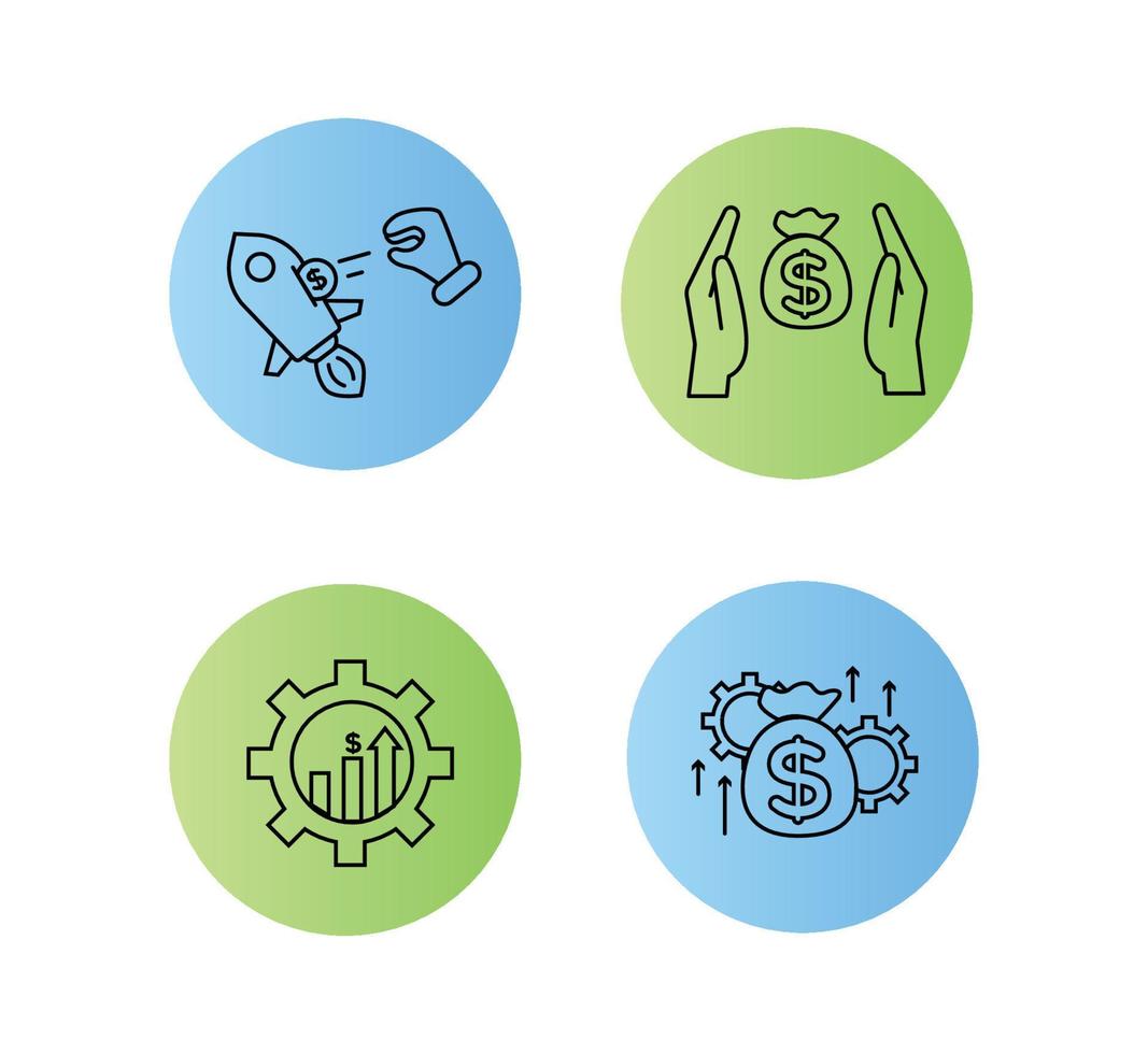Financial services icons set. Icons wealth management, venture capital, asset management, insurance. Icons hand throws a coin into a rocket, gear with a bar chart vector