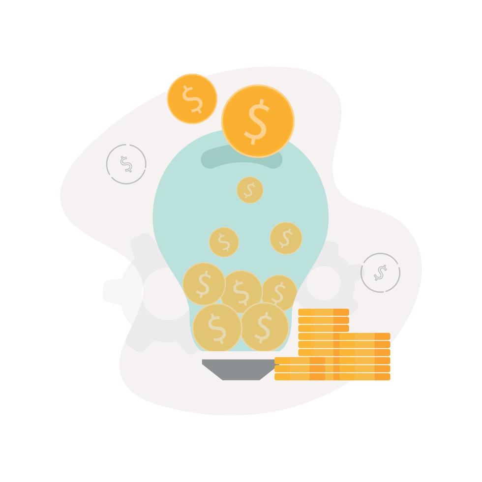 Venture capital. Illustration of a light bulb with coins inside and above it, next to a stack of coins, on a dollar sign background vector