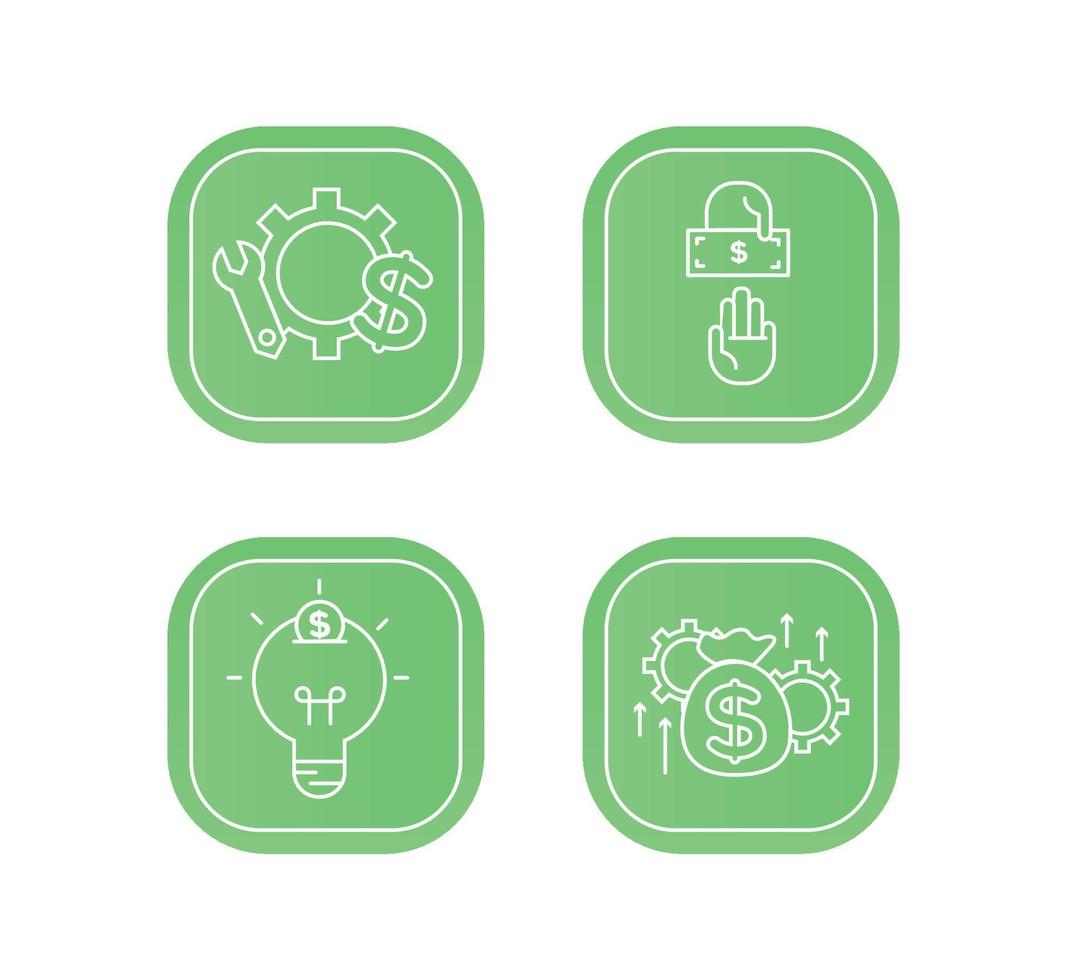 Financial services icons set.Icons venture capital, asset management, wealth management.Icons light bulb with a coin, gear with a mechanical key and a dollar sign, two hands, one of which gives a bill vector
