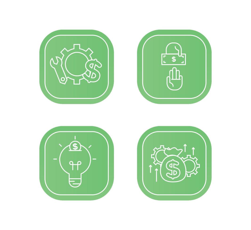 Financial services icons set.Icons venture capital, asset management, wealth management.Icons light bulb with a coin, gear with a mechanical key and a dollar sign, two hands, one of which gives a bill vector