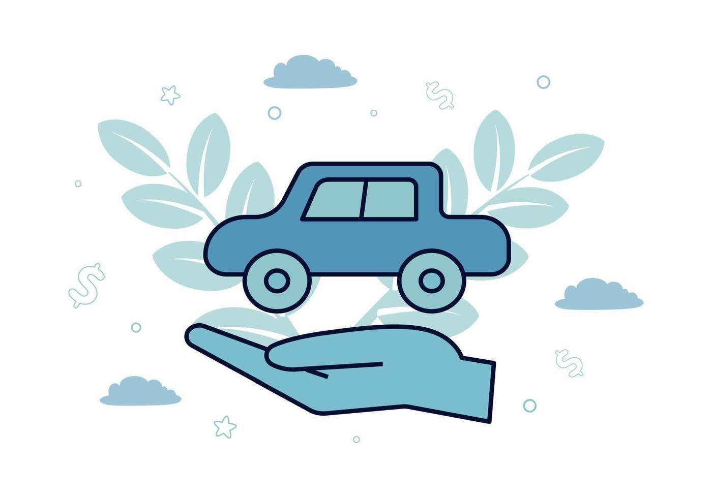 Finance. Vector illustration of leasing. In the palm of your hand a car, against a background of leaves, clouds, dollar signs, stars