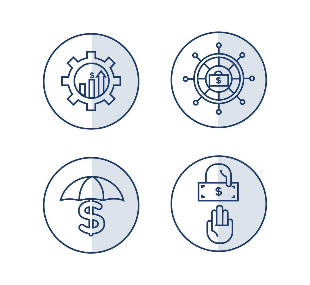Financial services icons set. Icons wealth management, venture capital, asset management. Icons a steering wheel with a diplomat, an umbrella with a dollar on the handle vector