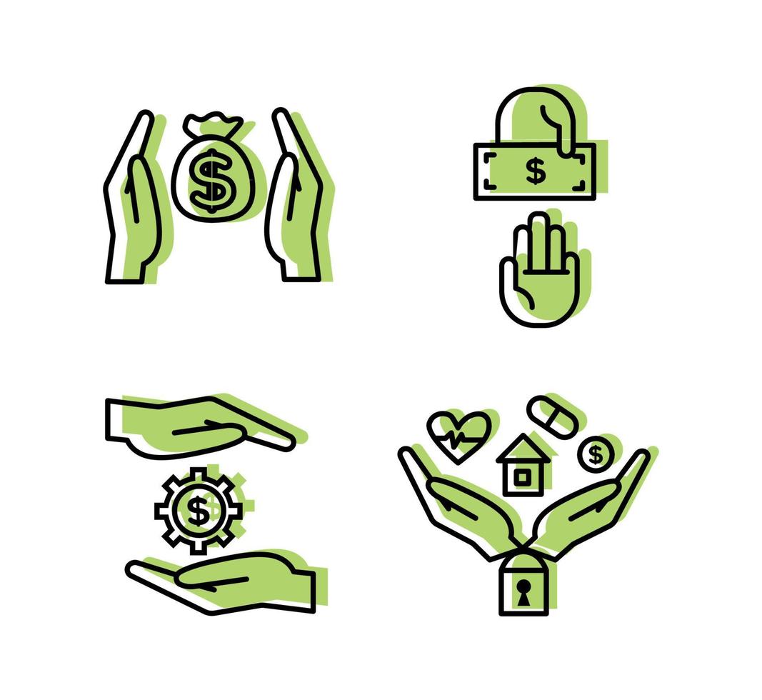 Financial services icons set. Icons venture capital, asset management, insurance. Icons money bag between the palms, a gear with a dollar sign between the palms, two palms nearby vector