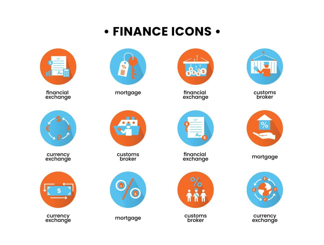 Finanzas íconos colocar. vector ilustración de aduana corredor, hipoteca, financiero intercambio, moneda intercambiar íconos