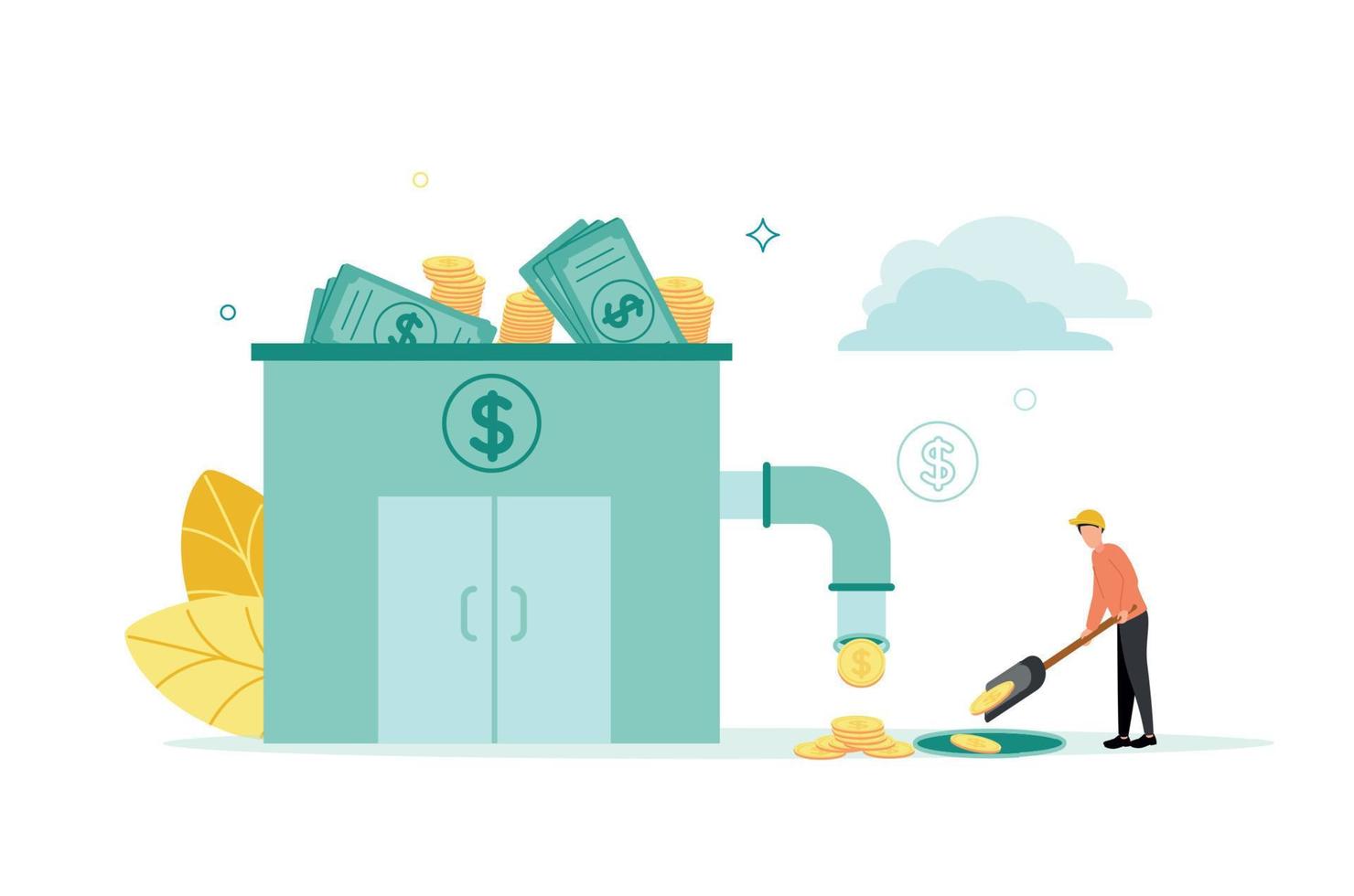 Vector illustration of a bank building with banknotes and stacks of coins there is a pipe from which coins are poured, a man in a helmet collects them with a shovel