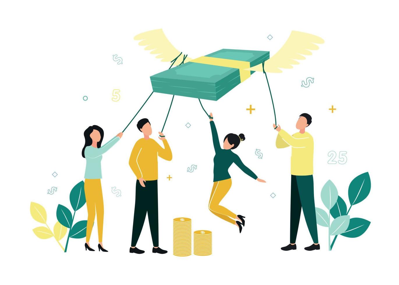 Finance. Vector illustration of inflation. Men and women hold a stack of notes with ropes, which fly up on their wings, next to stacks of coins, branches with leaves, dollar signs, numbers