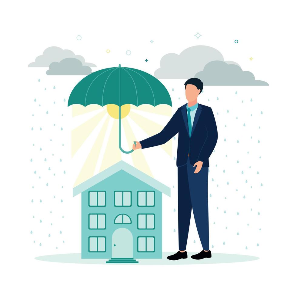 Finance. Vector illustration insurance. A man holds an umbrella over the house, under the umbrella the sun, around the clouds, rain