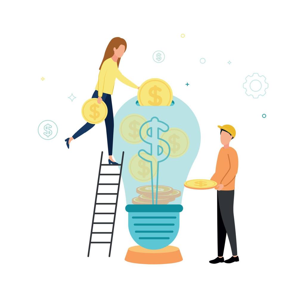 Vector illustration a woman standing on a stepladder throws coins into a light bulb with a dollar sign, next to a man in a hard hat holds a coin